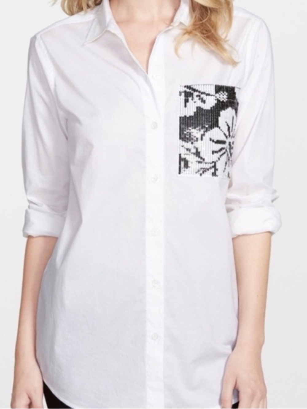 Michael Kors Women's Sequin Pocket Button Down Long Sleeve Top XL